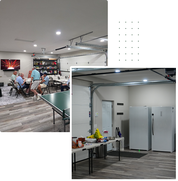 Converted garage recreation room with people and refrigerators