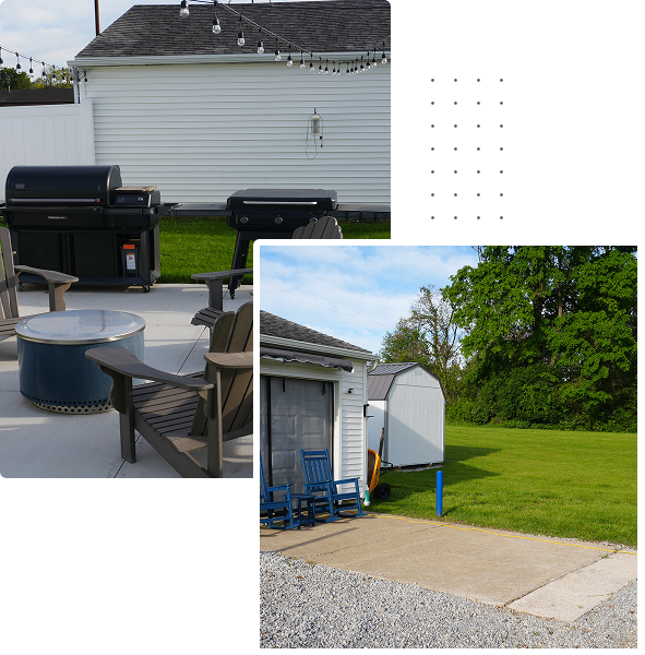 Backyard patio with grills, chairs, and shed